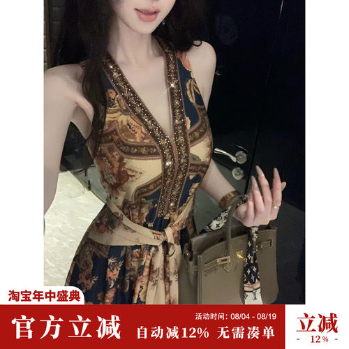 Sun雅乔【佩斯利】夏季无袖时尚重工烫钻V领复古印花背心连衣裙