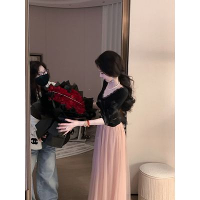 Sun雅乔【顾盼生辉】秋冬新款长裙针织网纱拼接撞色长袖连衣裙子