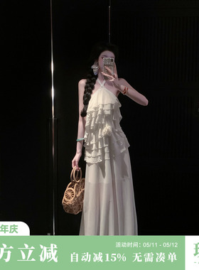 Sun雅乔【白玫瑰】夏装清纯多层荷叶边挂脖白色连衣裙长款礼服裙