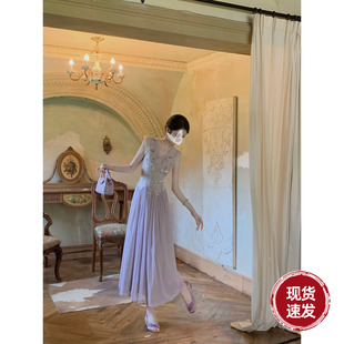 Sun雅乔 韩系气质修身 蕾丝拼接刺绣V领无袖 连衣长裙 月影幻纱