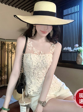 Sun雅乔【月见花影】夏季韩系甜美重工法式小众盘花绣网纱T上衣女