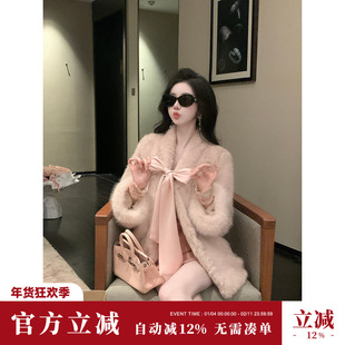 Sun雅乔【黛芙妮】冬装加厚仿皮草毛毛蝴蝶结系带环保毛绒外套女