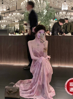 Sun雅乔【富贵花】初夏新款烫钻网纱拼接金线绣花晕染无袖连衣裙