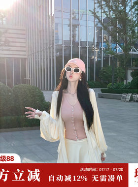 Sun雅乔【满分上衣】贝壳扣无袖薄款针织开衫女修身T恤