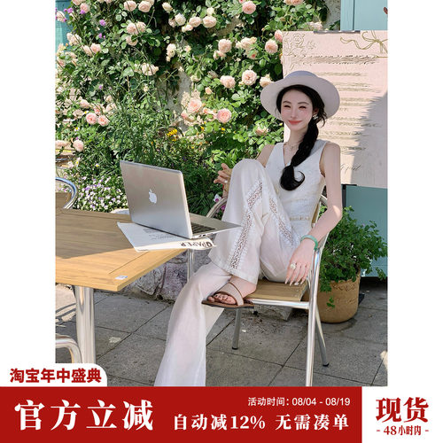 Sun雅乔【新贵女郎】下午无袖通勤亚麻马甲上衣阔腿裤两件套装女