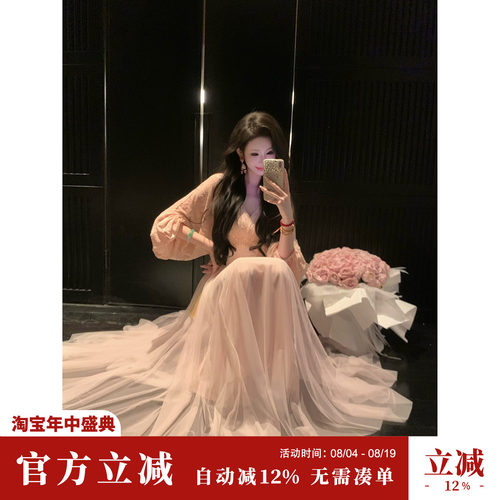 Sun雅乔【来时逢春】秋季长袖高腰宽松烧花植绒网纱大摆连衣长裙