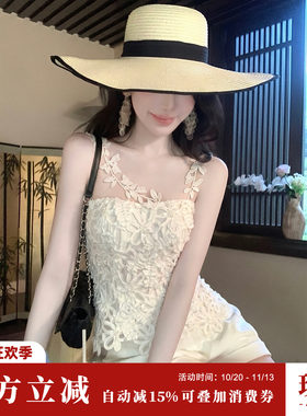 Sun雅乔【月见花影】夏季韩系甜美重工法式小众盘花绣网纱T上衣女