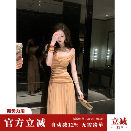 Sun雅乔【灯火阑珊】夏季无袖轻熟风荡领蕾丝花边连衣裙时尚长裙