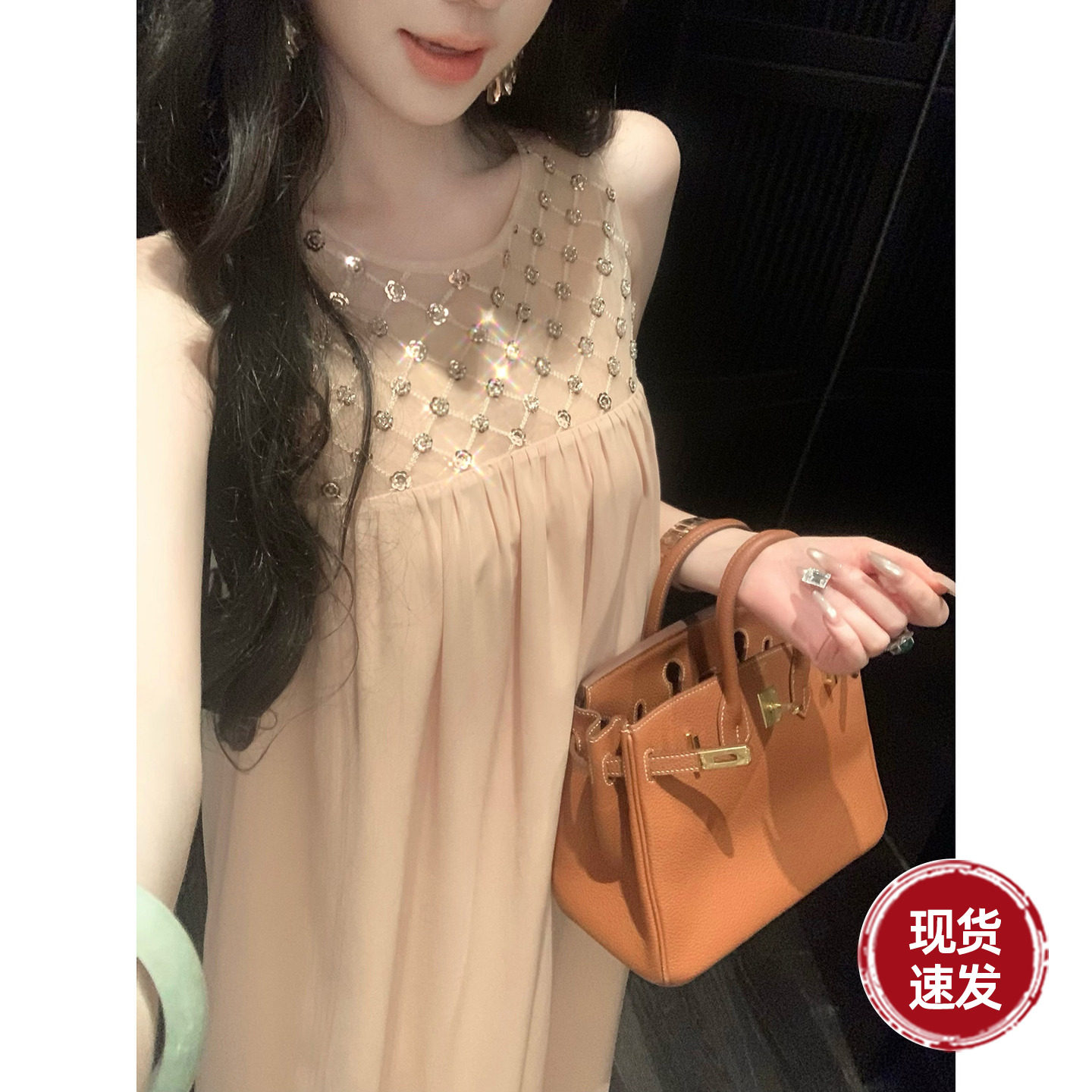 Sun雅乔【碎金浮月】夏季千金风重工珠片拼接雪纺A字连衣裙长裙子