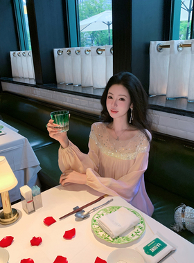 Sun雅乔【莹莹珠光】秋冬新款宽松A字网纱烫钻亮片珠管长袖连衣裙