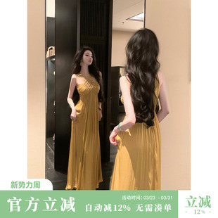 Sun雅乔 春夏辣妹性感复古设计感交叉编织挂脖连衣裙 金缕摇曳
