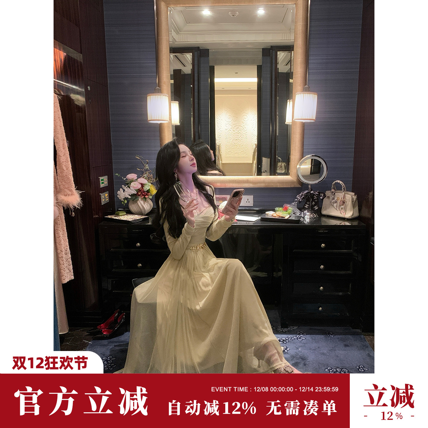 Sun雅乔【路易王妃】复古轻奢交叉褶皱长袖连衣裙