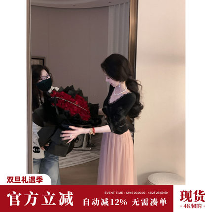 Sun雅乔【顾盼生辉】秋冬新款长裙针织网纱拼接撞色长袖连衣裙子