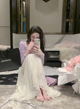 Sun雅乔【广岛之恋半裙】秋冬新款清纯磨毛坑条肌理感蕾丝半身裙