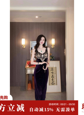 Sun雅乔【黑色铃兰】早秋名媛辣妹丝绒裙重工烫钻蕾丝拼连衣裙