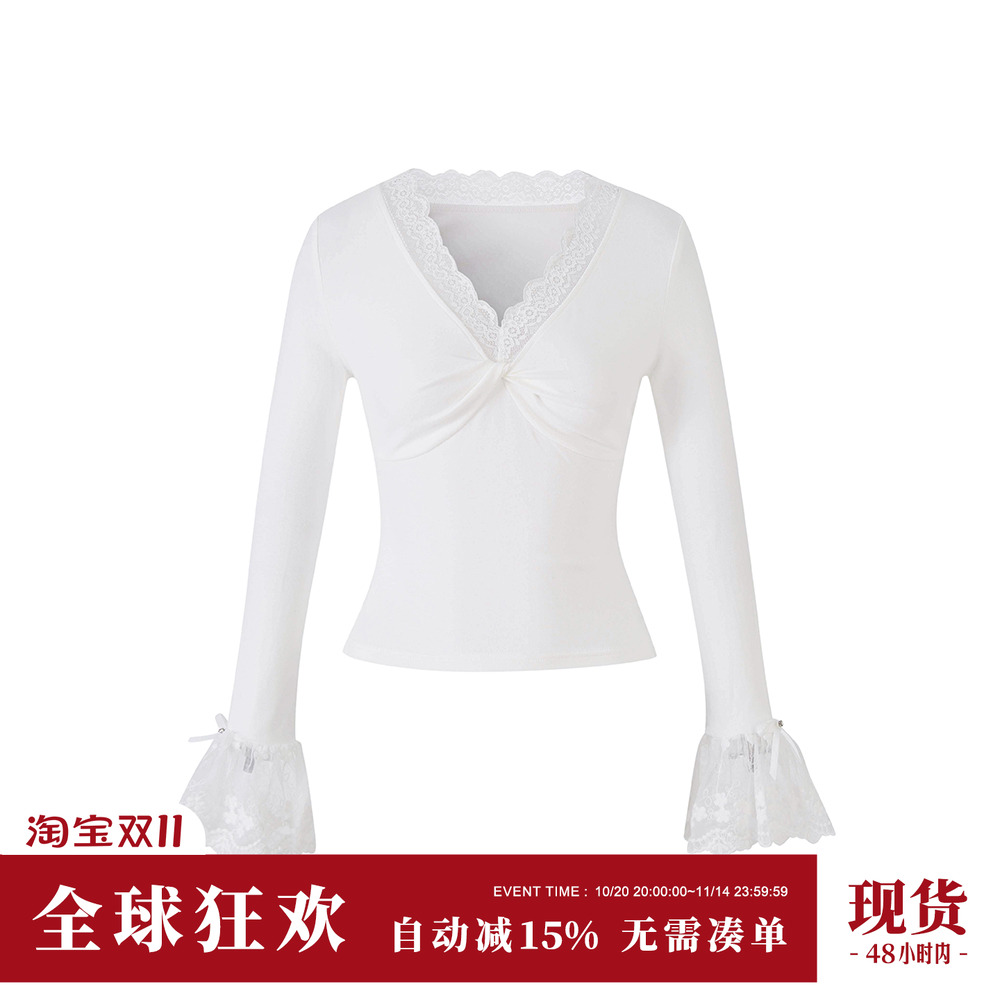 Sun雅乔【曼妙花边】秋冬新款V领时尚修身百搭蕾丝长袖针织打底衫
