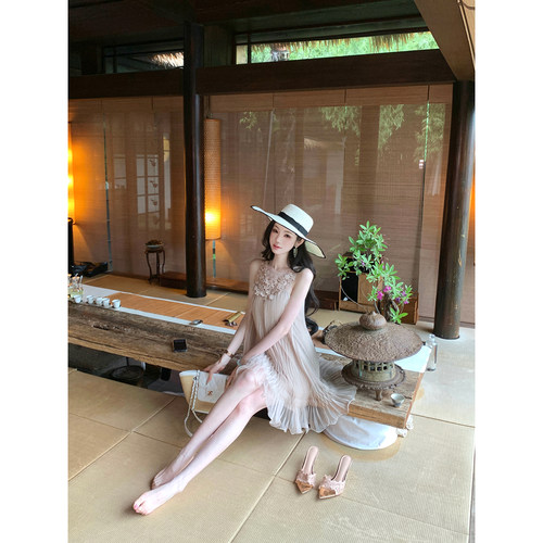 Sun雅乔【尼斯日记】夏季轻奢高级立体花钉钻重工压褶千金连衣裙