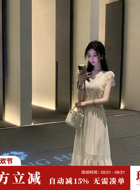 Sun雅乔【天鹅湖】双版本长短款蕾丝花边珍珠雪纺连衣裙两件套