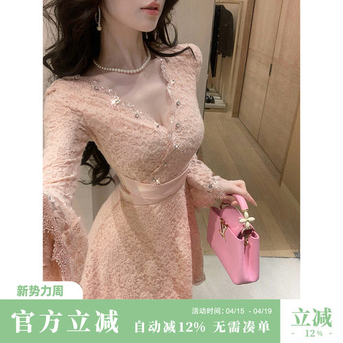 Sun雅乔【甜桃娇娇】秋冬名媛辣妹优雅气质V领钉珠蕾丝长袖连衣裙