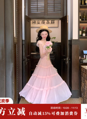 Sun雅乔【花园假日】夏粉色甜美修身两穿一字肩小飞袖蛋糕连衣裙