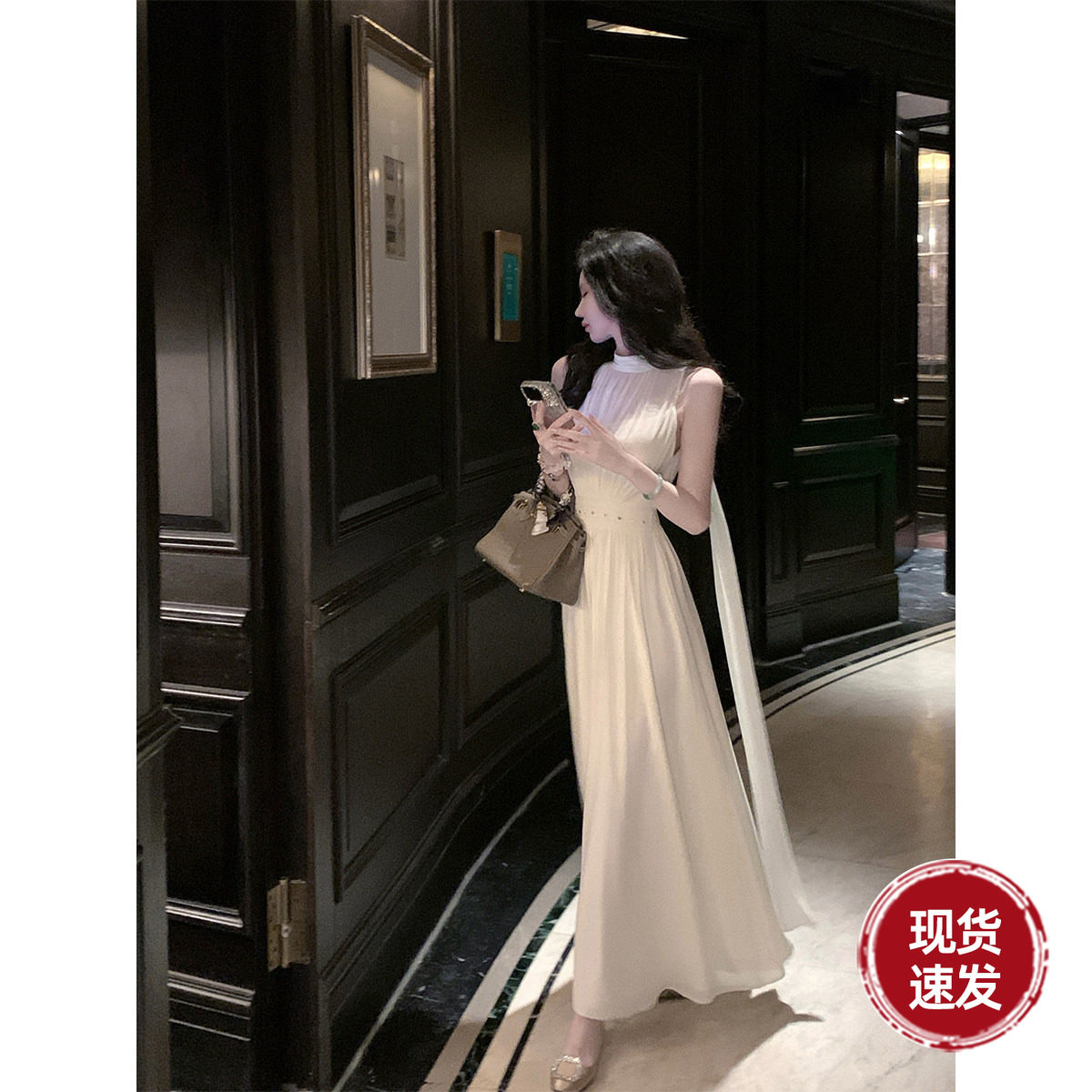 Sun雅乔【魂牵梦绕】夏季白月光礼服裙钉钻收腰飘带连衣裙长裙子图片