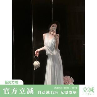 Sun雅乔【江百合】夏季气质优雅假两件不对称挂脖网纱雪纺连衣裙