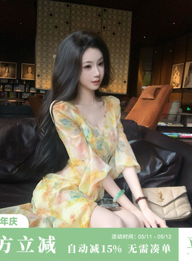 Sun雅乔【吉维尼花园】夏季海边度假灯笼袖水彩晕染油画连衣长裙