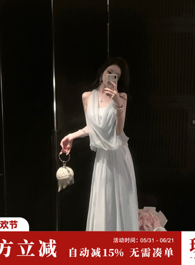 Sun雅乔【江百合】夏季气质优雅假两件不对称挂脖网纱雪纺连衣裙