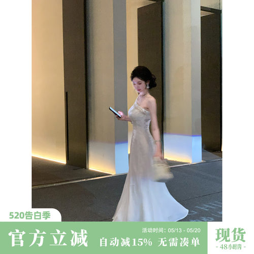 Sun雅乔【为爱致意】夏小众吊带裙轻奢时尚雪纺斜肩A字连衣长裙子