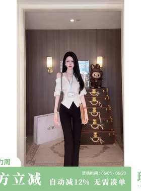 Sun雅乔【摩登时尚】夏秋新款弹力显瘦百搭黑色高腰喇叭休闲裤子