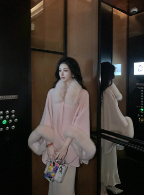 Sun雅乔【富家娇娇】袖口狐狸毛双面呢羊毛大衣外套+狐狸毛围脖