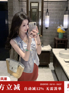 Sun雅乔【白瓷新贵】夏季无袖法式衬衫翻领刺绣波点扭结亚麻上衣