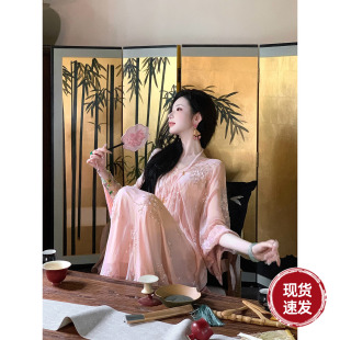 Sun雅乔【桃枝露】夏季长分袖钉珠刺绣宽松灯笼袖粉连衣裙两件套