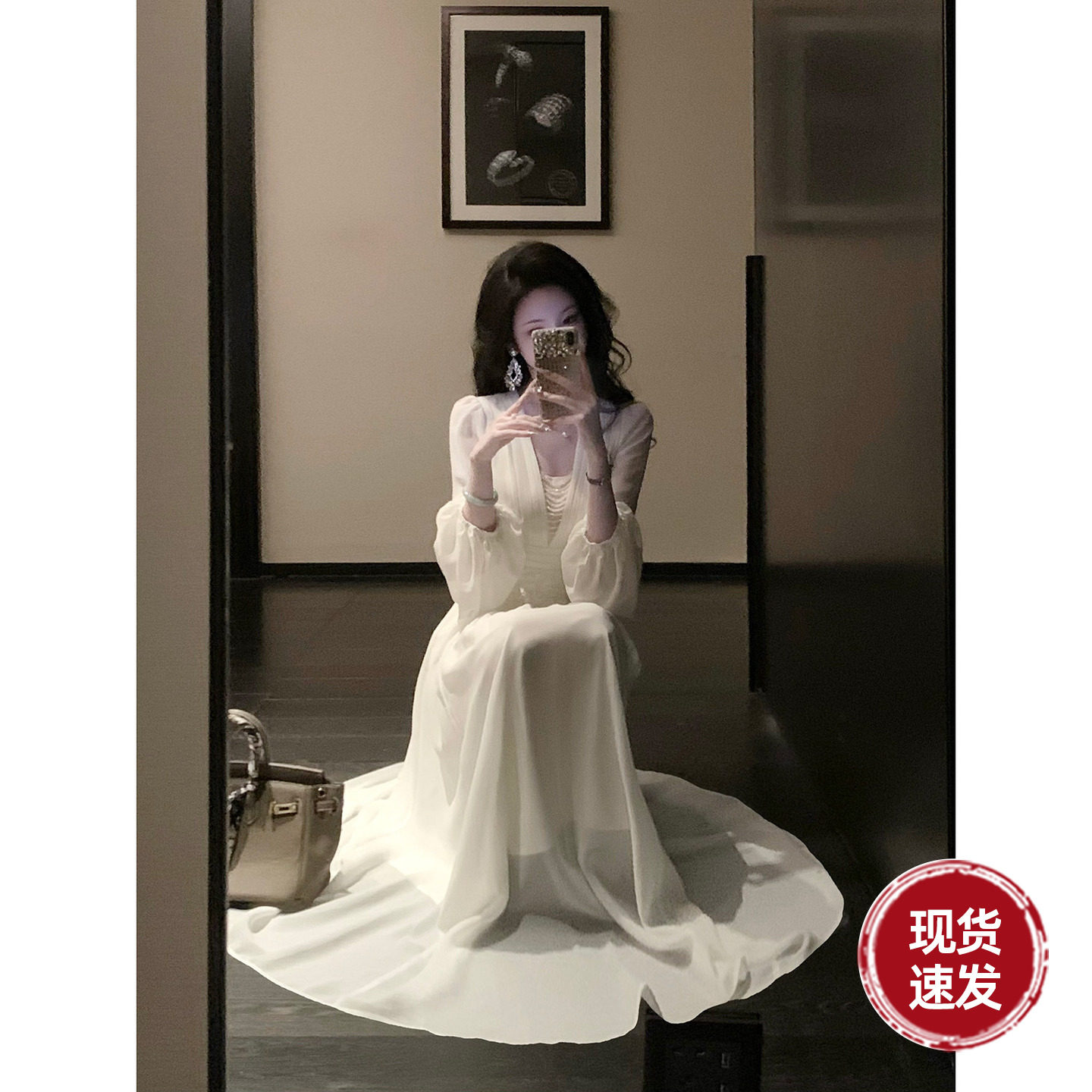 Sun雅乔【人生赢家】夏季九分袖修身蕾丝边珍珠雪纺灯笼袖连衣裙图片
