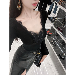 显瘦辣妹蝴蝶针织衫 Sun雅乔 V领蕾丝打底修身 长袖 上衣女 秋冬新款