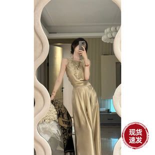 两件套装 Sun雅乔 缎面阔腿裤 香槟金色水晶皱绑带上衣 流金岁月