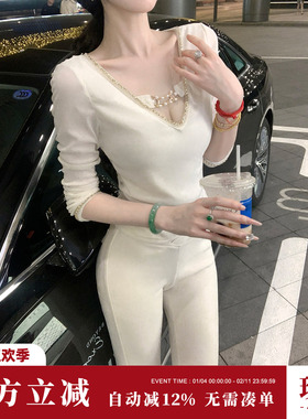 Sun雅乔【酒心魅力】秋季新款T恤V领镶钻丝绒白色打底上衣女长袖