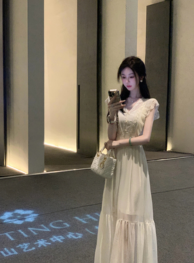 Sun雅乔【天鹅湖】双版本长短款蕾丝花边珍珠雪纺连衣裙两件套