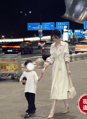 雅乔【匆匆那年】早秋装双排扣宽松长袖时尚中长款白色风衣外套女