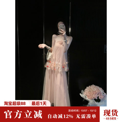 Sun雅乔【海滨花信】夏季度假风立体花挂脖连衣裙多层大摆纱裙