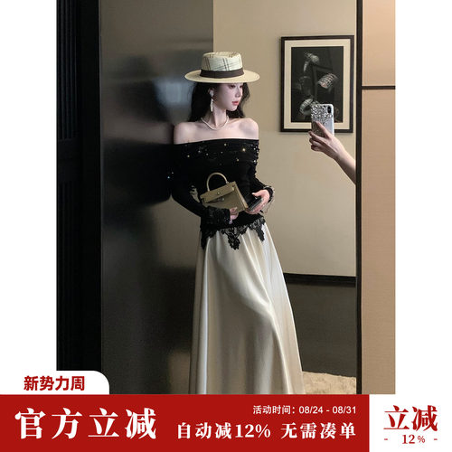 Sun雅乔【气质公式】秋装新款小众A字裙蕾丝珠光缎面不规则半身裙