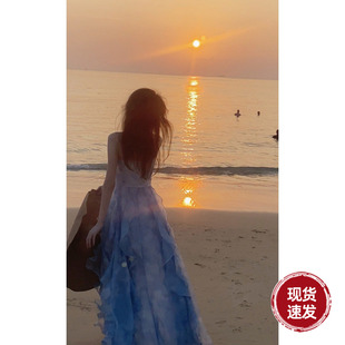 Sun雅乔 吊带连衣裙夏海边度假沙滩长裙日落仙女裙子 桔梗2.0