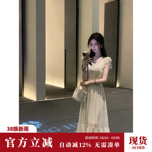 Sun雅乔【天鹅湖】双版本长短款蕾丝花边珍珠雪纺连衣裙两件套