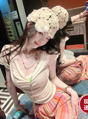 Sun雅乔【云朵小衫】莱赛尔醋酸真丝混纺T恤小飞袖荡领T恤上衣女
