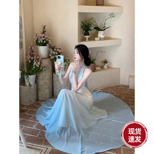 气质仙气蓝色渐变度假挂脖雪纺连衣长裙 夏季 Sun雅乔 圣托里尼