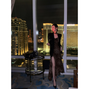 Sun雅乔 夏秋轻熟风性感豹纹吊带雪纺包臀鱼尾连衣裙 都市猎影