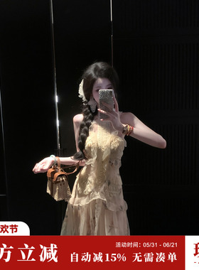 Sun雅乔【清风款款】夏季新款宫廷风优雅复古印花挂脖荷叶连衣裙