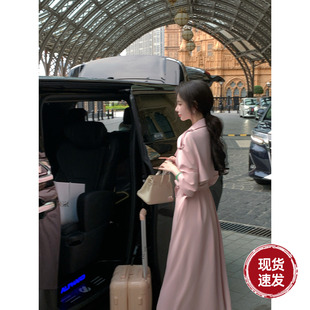 Sun雅乔【爱在伦敦】秋季韩系复古英伦双排扣粉色风衣中长款外套
