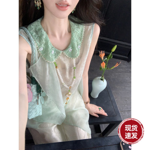 Sun雅乔【秀色天成】夏季薄娃娃衫人丝宽松无袖蕾丝娃娃领上衣女