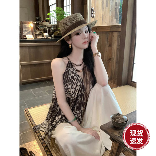 Sun雅乔【乌木沉香】夏季新款原宿亚麻几何印花木珠挂脖上衣